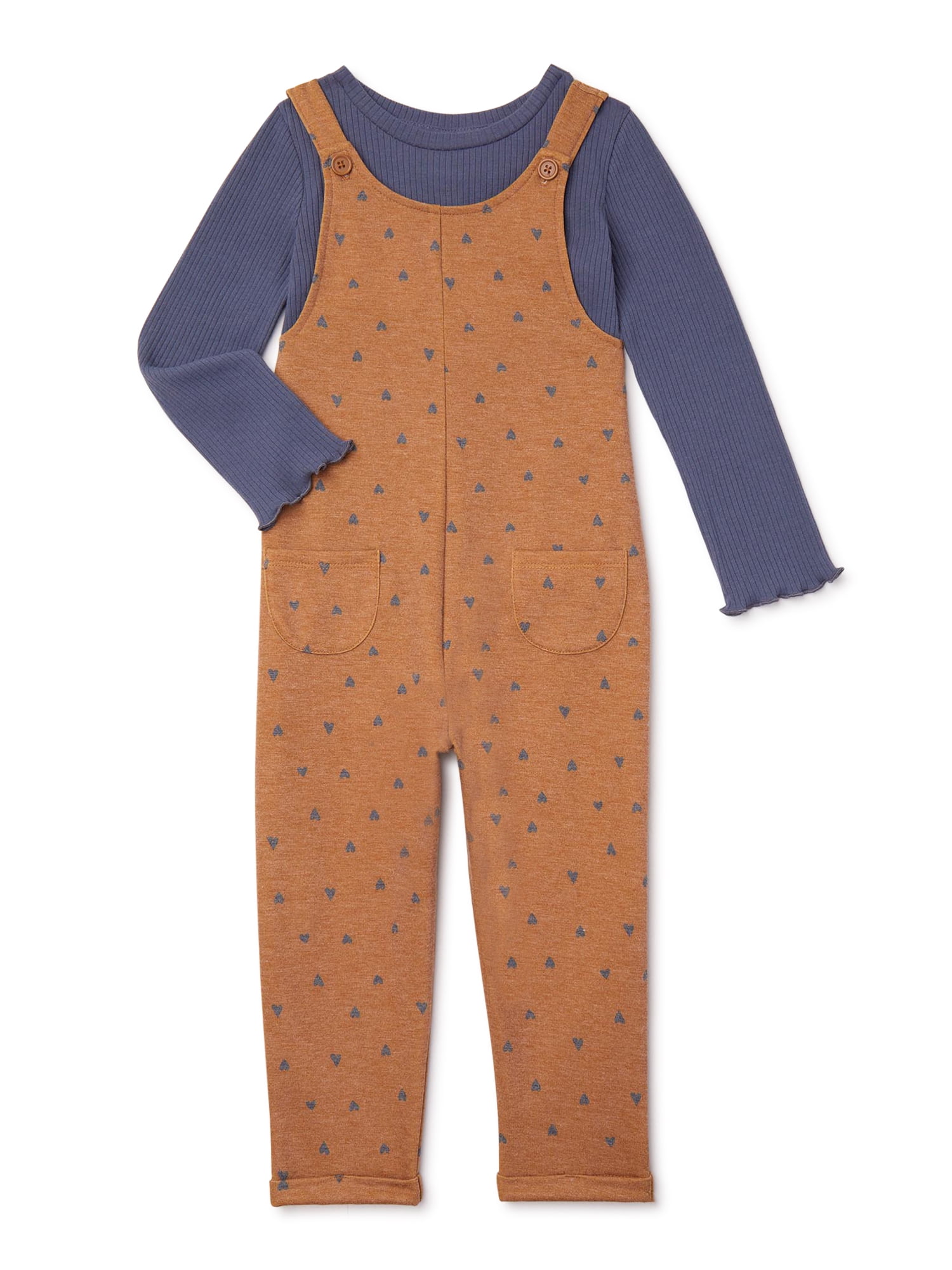 Wonder Nation Baby Girls & Toddler Girl's Long Sleeve Tee and Romper, 2pc Outfit Set (12M-5T)