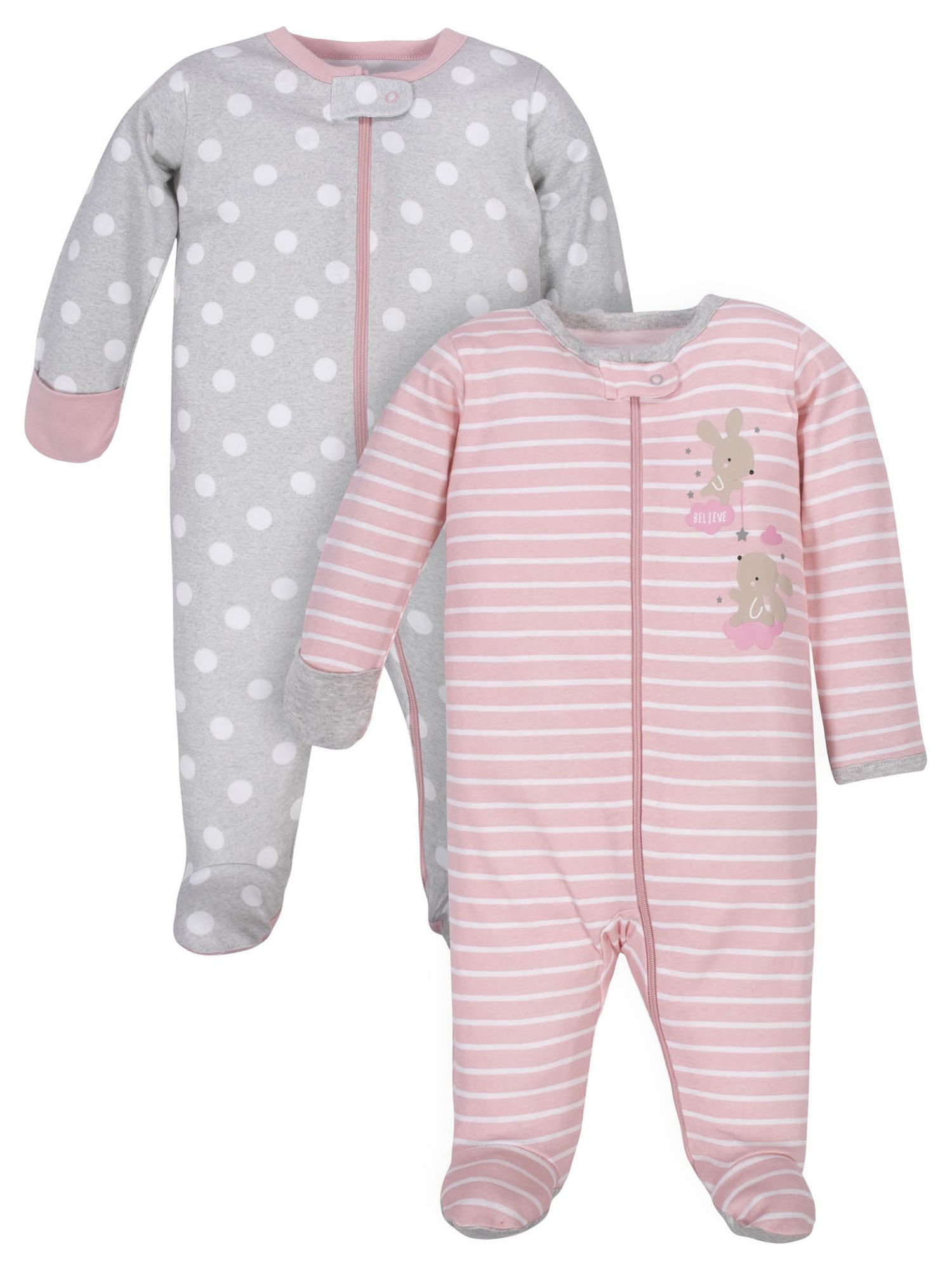 Wonder Nation Baby Girls’ Zip Front Sleep ‘N Play Pajamas, 2-Pack, Sizes Newborn-9 Months - image 1 of 8
