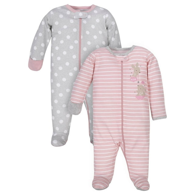 Wonder Nation Baby Girls’ Zip Front Sleep ‘N Play Pajamas, 2-Pack, Sizes Newborn-9 Months