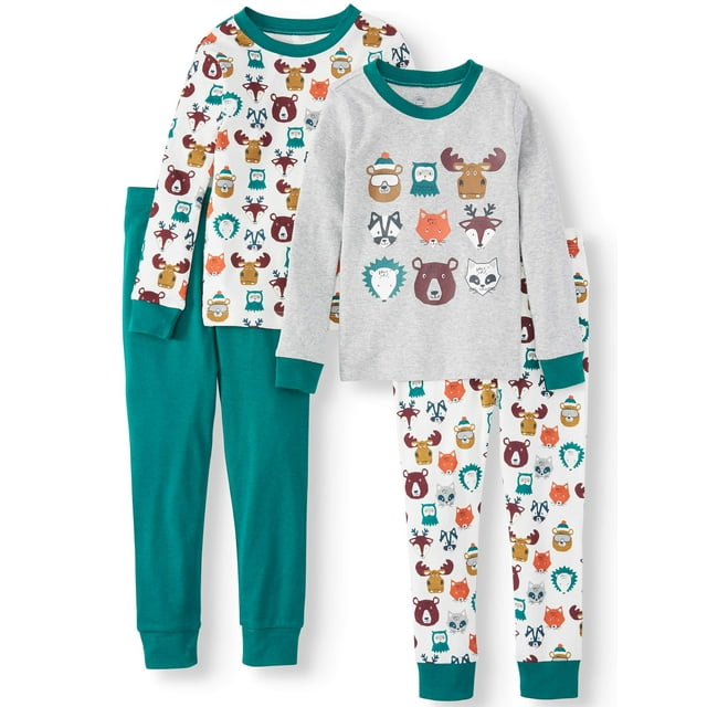 Wonder Nation Baby & Toddler Boys Long Sleeve Snug Fit Cotton Pajamas Set, 4-Piece
