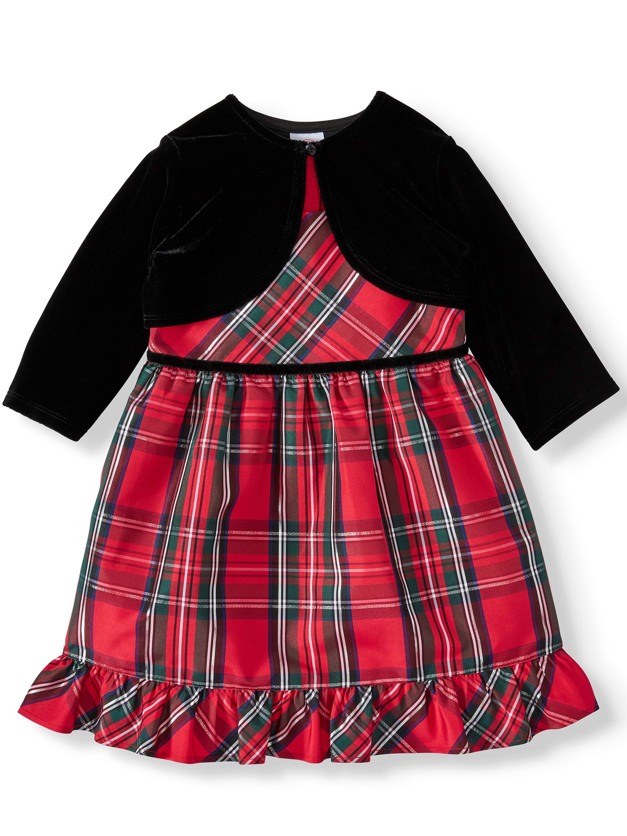 Wonder Nation Baby Toddler Girl Christmas Holiday Plaid Lurex Dress With Shrug - image 1 of 1