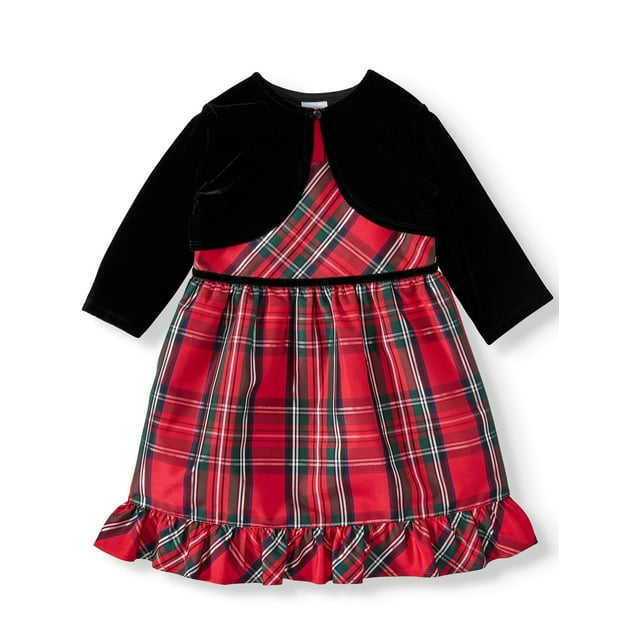 Wonder Nation Baby Toddler Girl Christmas Holiday Plaid Lurex Dress With Shrug