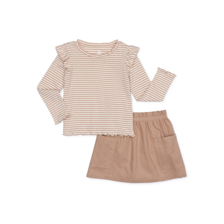 Wonder Nation Baby Toddler Girl Ruffle Shoulder Top & Paperbag Waist Skirt,  2-Piece Outfit Set 