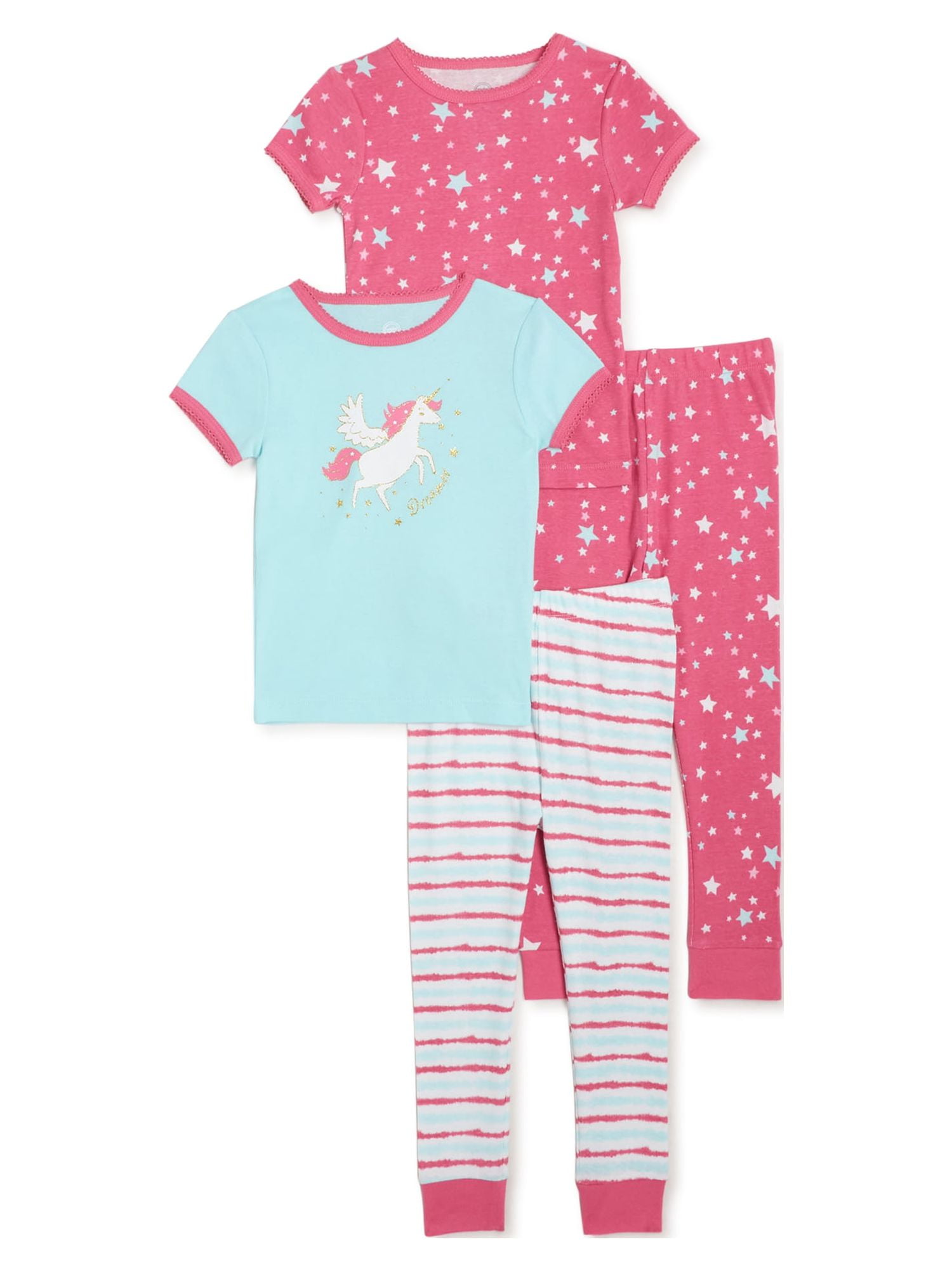 Wonder Nation Baby Toddler Girl Short Sleeve Pajamas, 4-Piece, Sizes 12M-5T