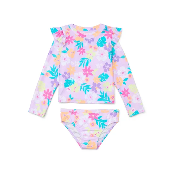 Wonder Nation Baby & Toddler Girls Long Sleeve Ruffle Rashguard Set, 2 Pcs, Lavender Touch