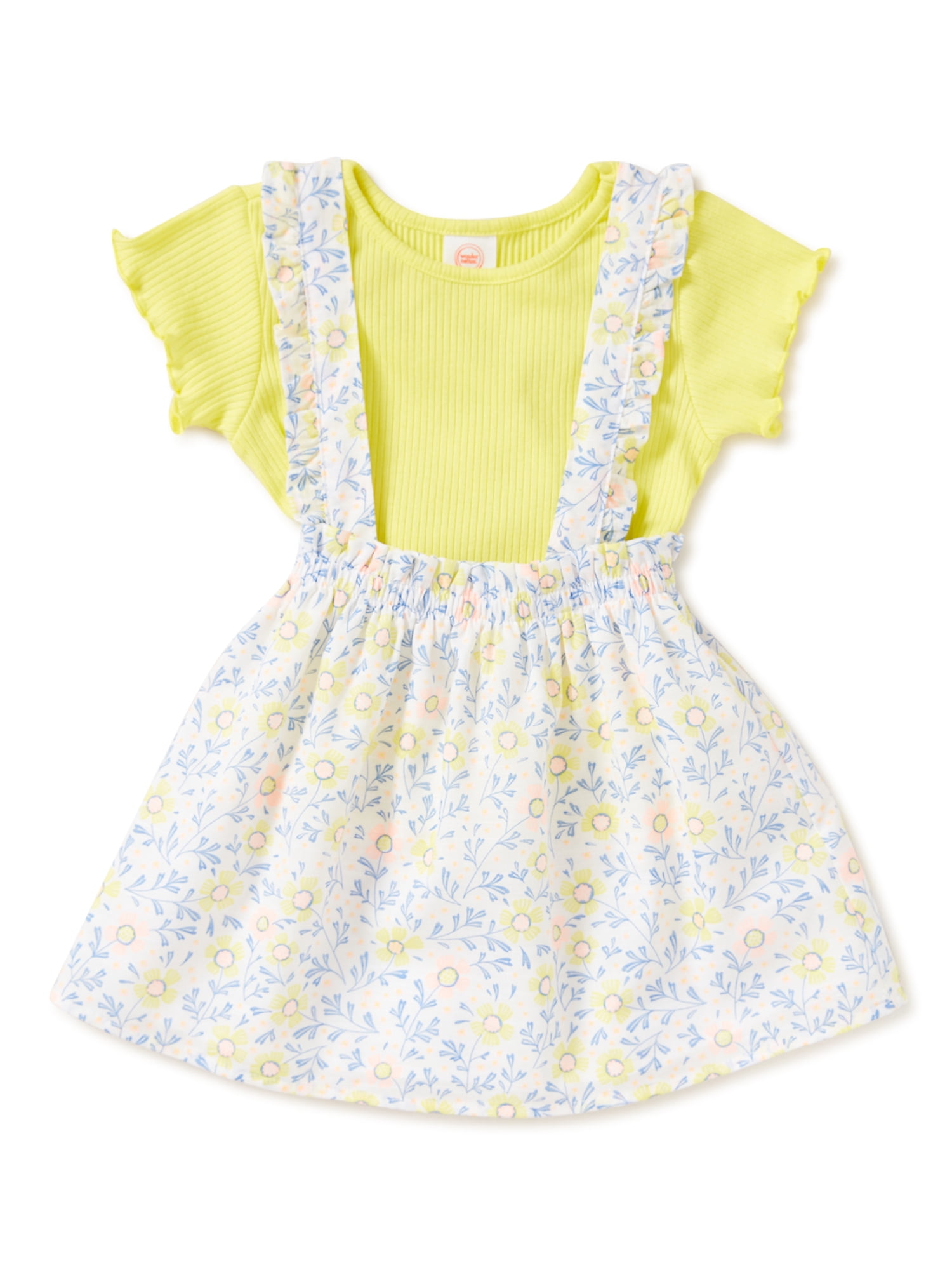 Wonder Nation Baby & Toddler Girls Short Sleeve T-Shirt & Pinafore Dress, 2-Piece Outfit Set, Sizes 12M-5T