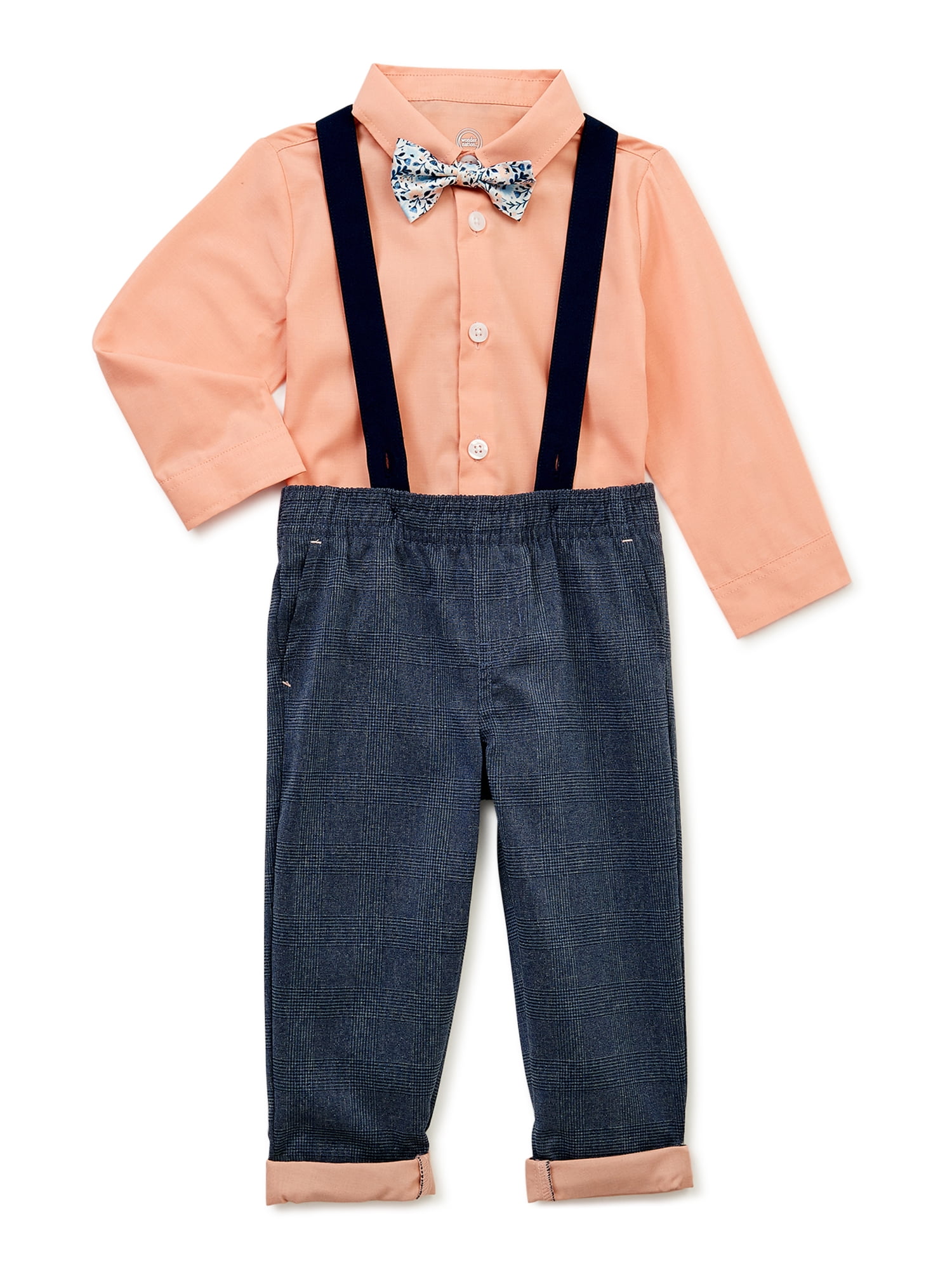 Wonder Nation Baby and Toddler Boy Button-Down Shirt, Bowtie, Suspenders and Pants Outfit Set, 4-Piece, 0/3M-5T