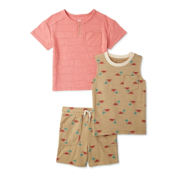 Wonder Nation Baby and Toddler Boy Henley Shirt, Tank Top and Shorts Outfit Set, 3-Piece, Sizes 12M-5T