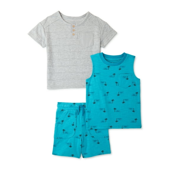 Wonder Nation Baby and Toddler Boy Henley Shirt, Tank Top and Shorts Outfit Set, 3-Piece, Sizes 12M-5T