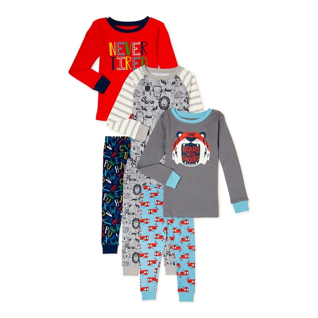 Wonder Nation Baby and Toddler Boy Long Sleeve Snug Fit Cotton Pajamas Set, 6-Piece