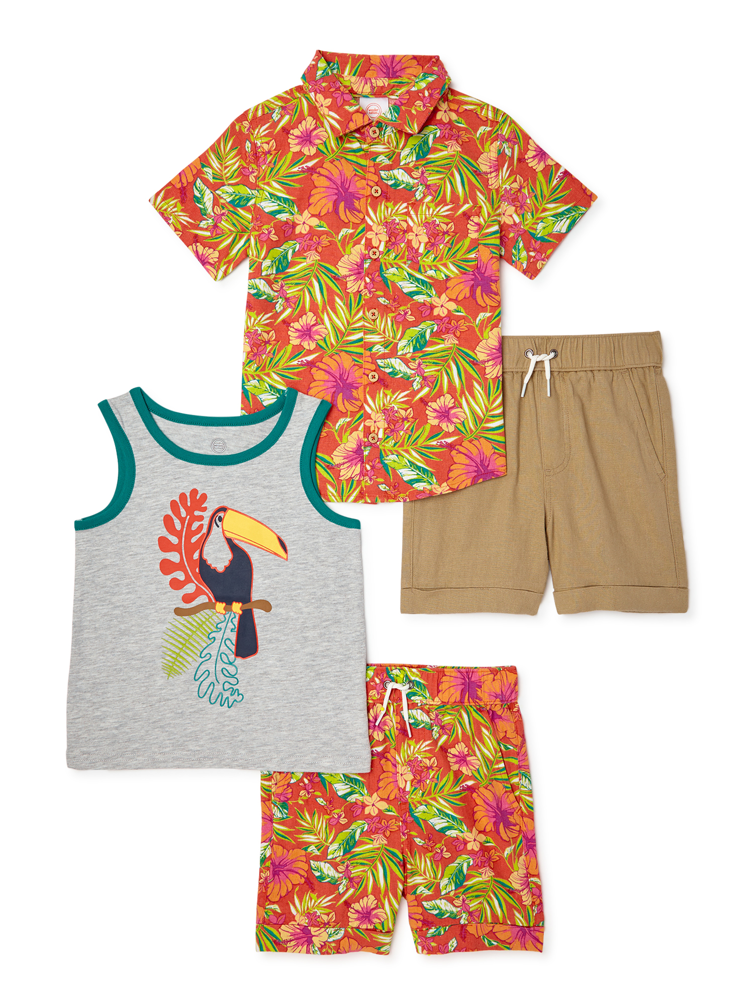 Wonder Nation Baby and Toddler Boy Woven Shirt, Tank, and Shorts Mix and Match Outfit Set, 4-Piece, Sizes 12M-5T - image 1 of 3
