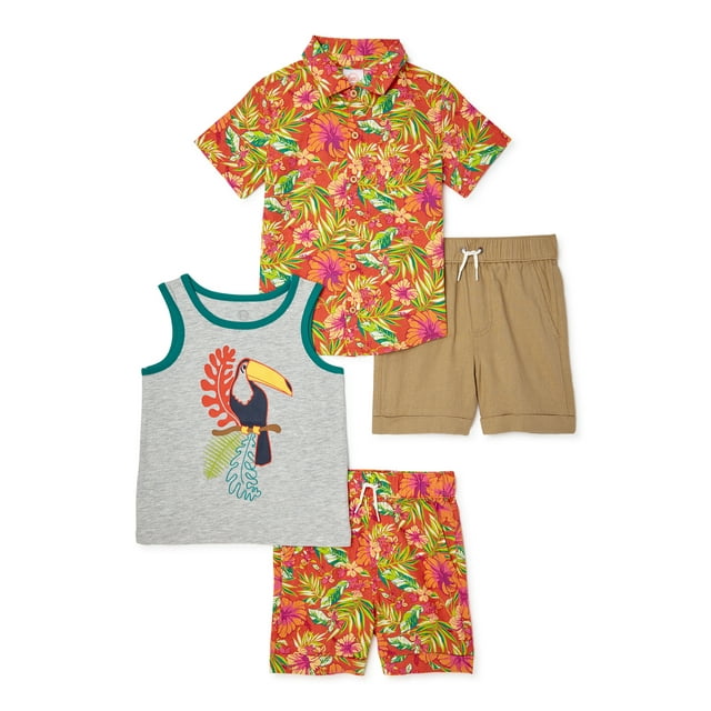 Wonder Nation Baby and Toddler Boy Woven Shirt, Tank, and Shorts Mix and Match Outfit Set, 4-Piece, Sizes 12M-5T