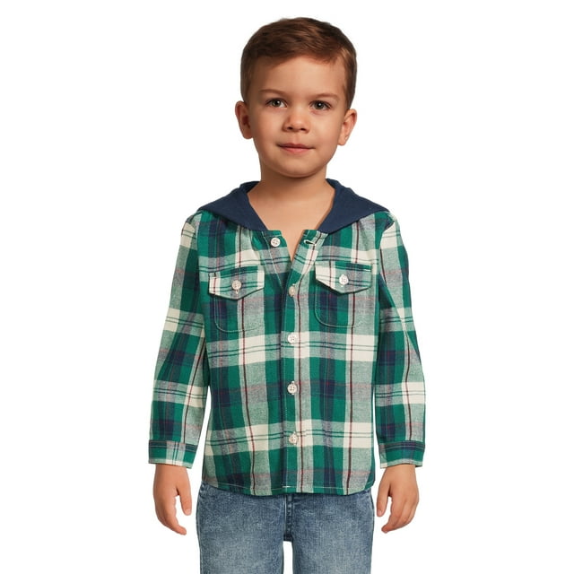 Wonder Nation Baby and Toddler Boys’ Flannel Shirt with Hood, Sizes 12