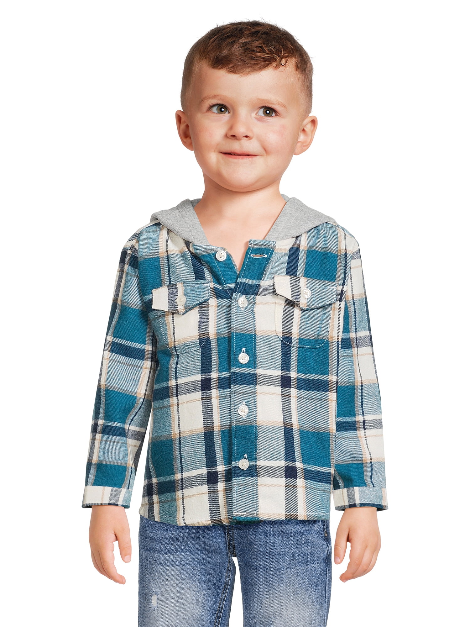 Wonder Nation Baby and Toddler Boys’ Flannel Shirt with Hood, Sizes 12 ...