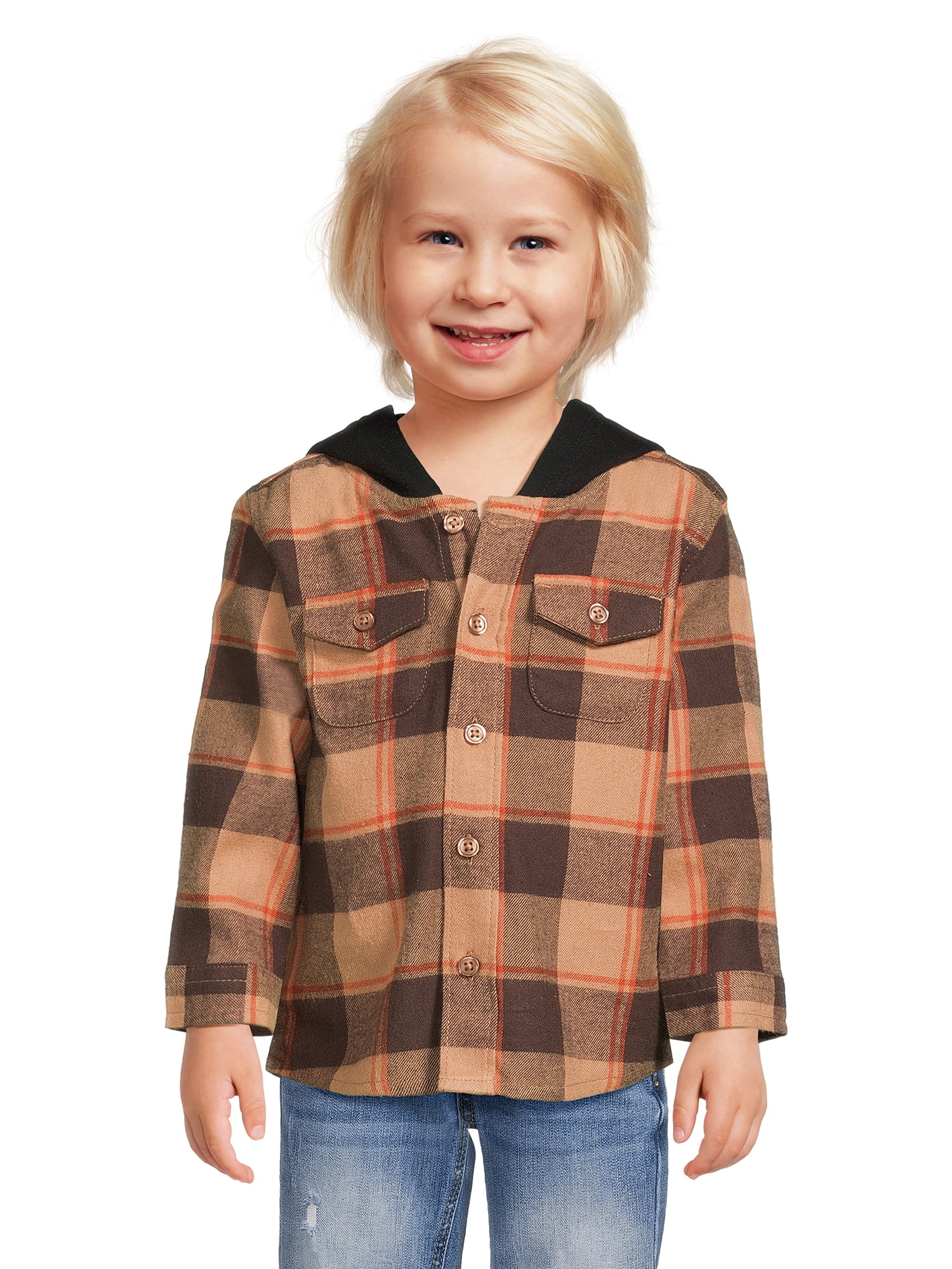 Wonder Nation Baby and Toddler Boys’ Flannel Shirt with Hood, Sizes 12 Months 5T