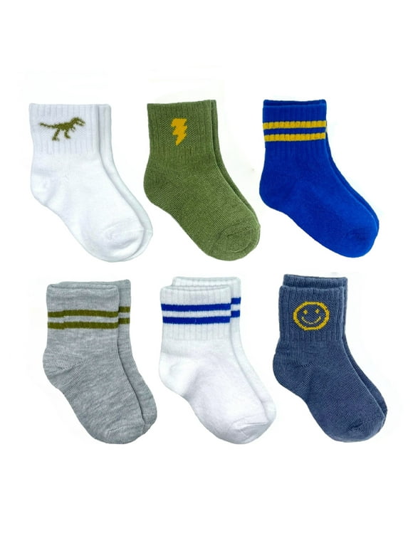 Wonder Nation Baby and Toddler Boys Mid-Crew Socks, 6-Pack, Sizes 0M-5T