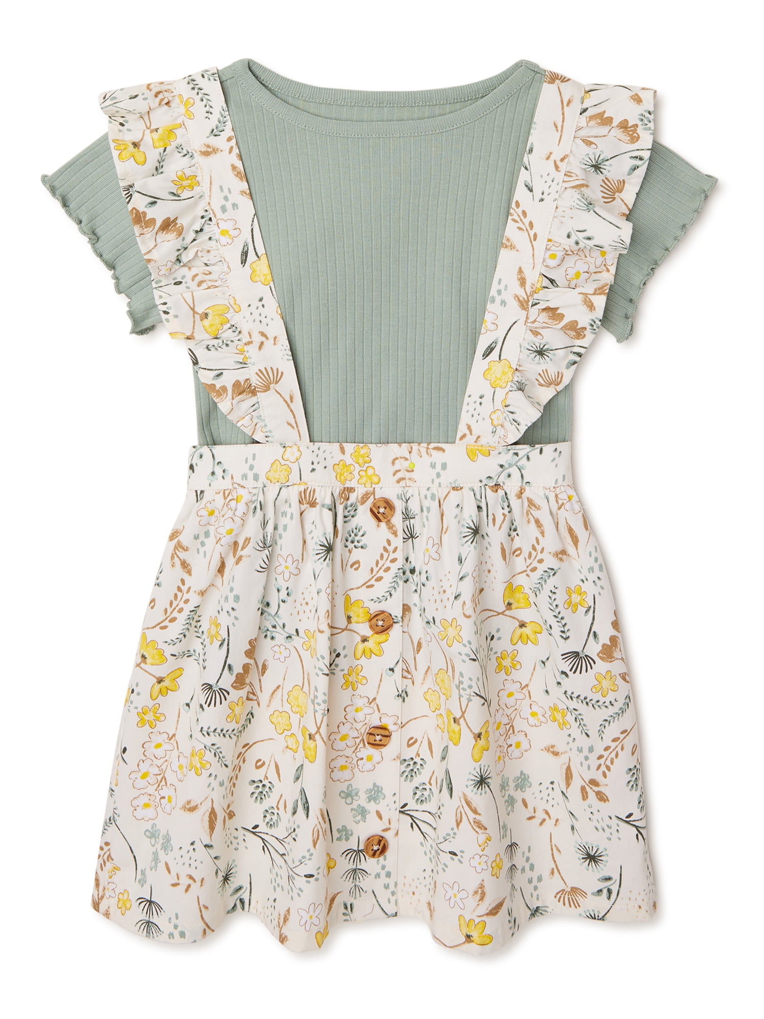 Wonder Nation Baby and Toddler Girl Pinafore Dress, 2-Piece Outfit Set, Sizes 12M-5T