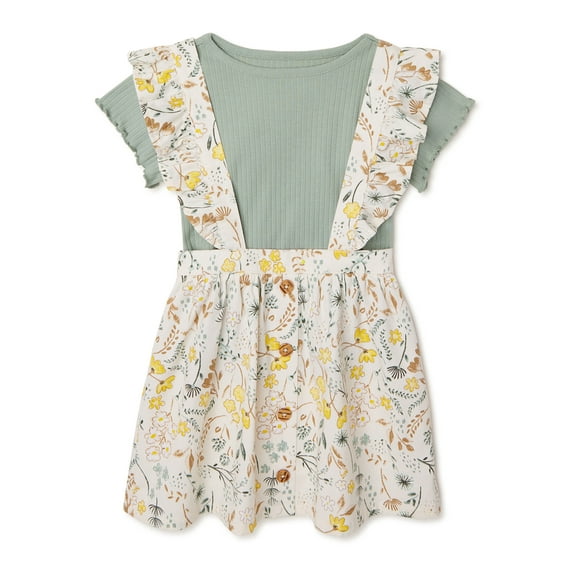 Wonder Nation Baby and Toddler Girl Pinafore Dress, 2-Piece Outfit Set, Sizes 12M-5T