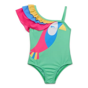 Wonder Nation Baby and Toddler Girl Ruffle One Shoulder Swimsuit, 1-Piece, Sizes 12M-5T