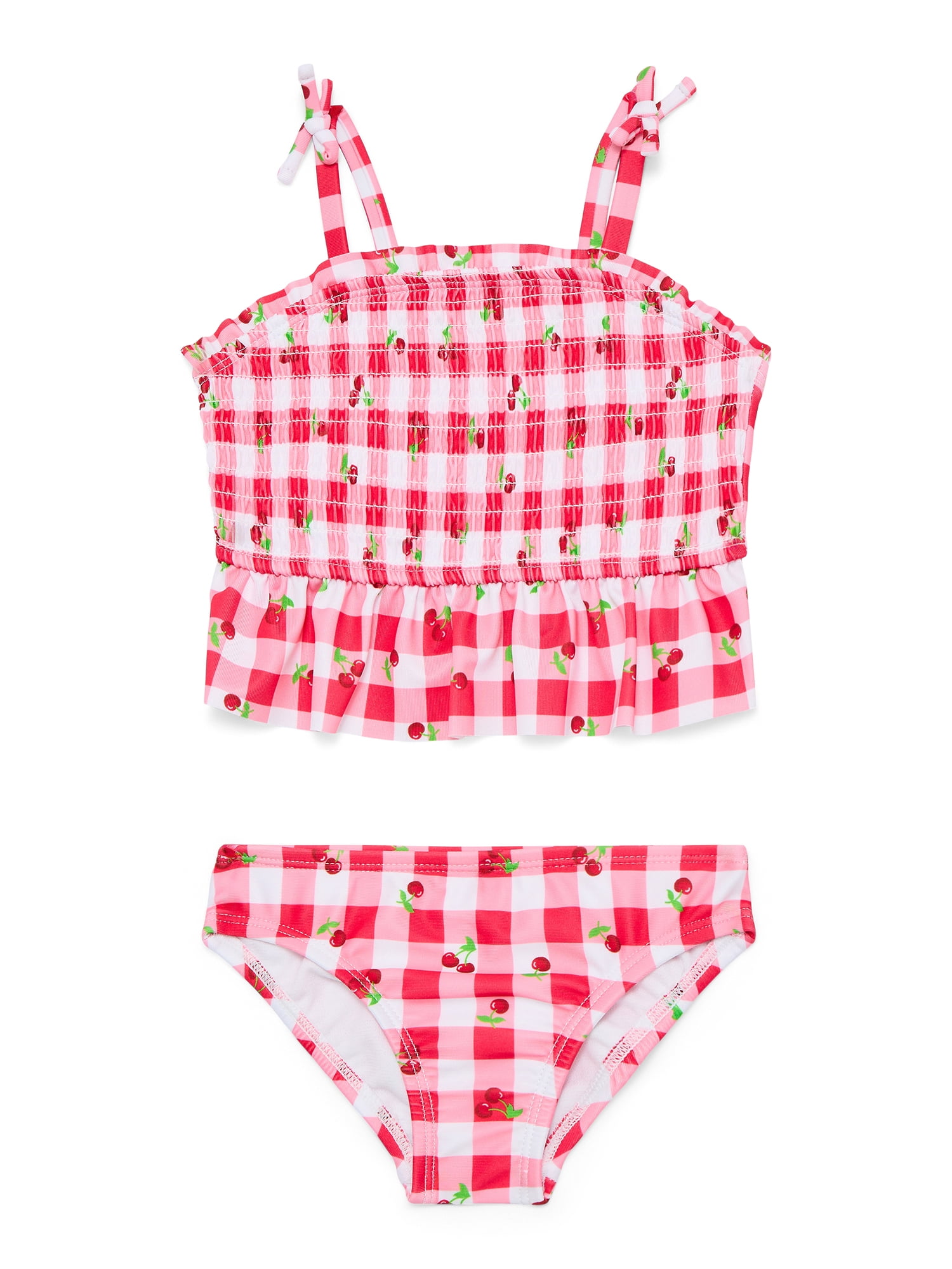 Wonder Nation Baby and Toddler Girl Ruffle Swim Cherry Plaid Tankini, 2-Piece, Sizes 12M-5T