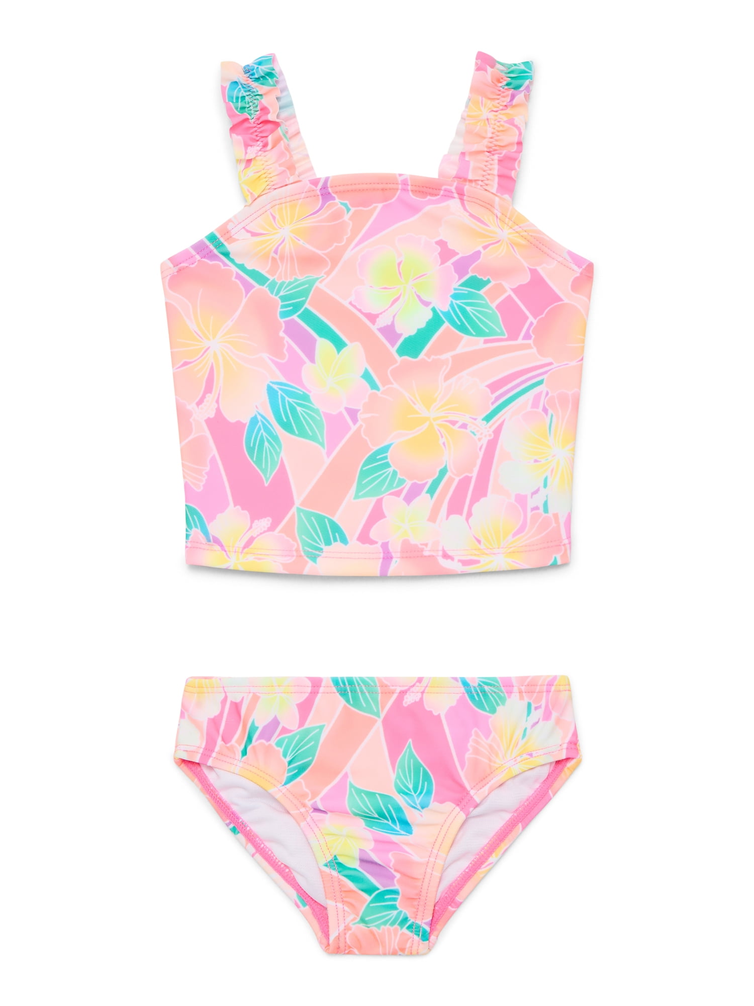 Wonder Nation Baby and Toddler Girl Ruffle Swim Tropical Tankini, 2-Piece, Sizes 12M-5T