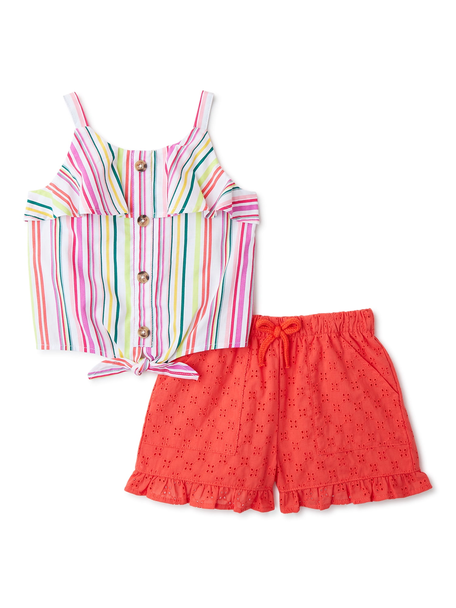 2-piece Kid Girl Polka dots Ruffled Button Design Camisole and Stripe Shorts Set