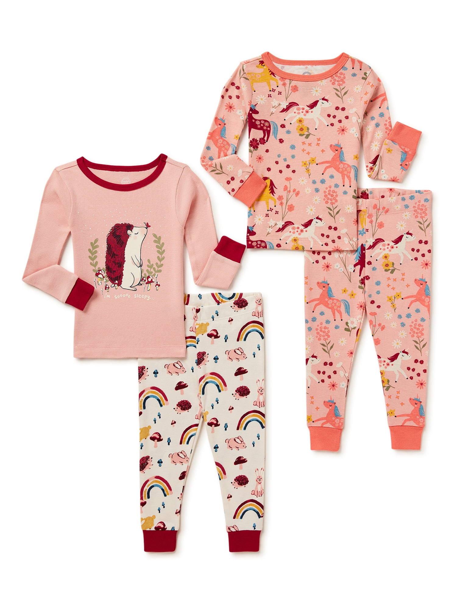 Wonder Nation Baby and Toddler Girls Cotton Pajama Set, 4-Piece, Sizes ...