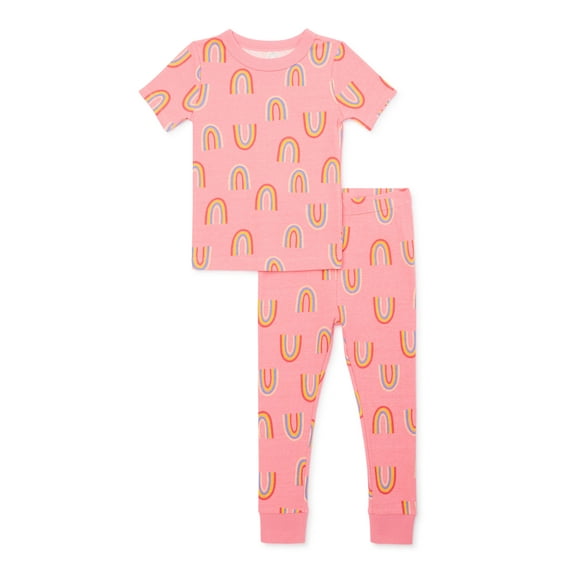 Wonder Nation Baby and Toddler Girls Cotton Tight Fit Top and Pants, 2-Piece Sleep Set, Sizes 12M-5T