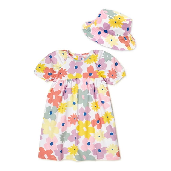 Wonder Nation Baby and Toddler Girls’ Dress Set with Bucket Hat, 2-Piece Set, Sizes 0/3M-5T