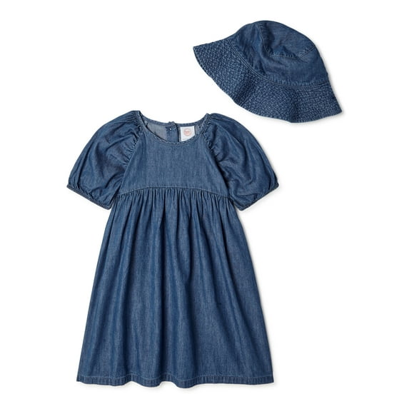 Wonder Nation Baby and Toddler Girls’ Dress Set with Bucket Hat, 2-Piece Set, Sizes 0/3M-5T