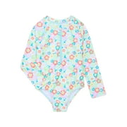 Wonder Nation Baby and Toddler Girls Long Sleeve Floral Swimsuit, 1-Piece, Sizes 12M-5T