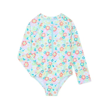 Wonder Nation Baby and Toddler Girls Long Sleeve Floral Swimsuit, Sizes 12M-5T