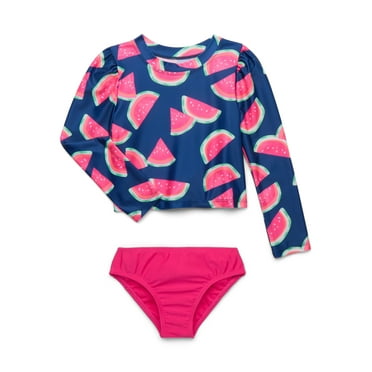 Wonder Nation Baby and Toddler Girls' Long Sleeve Rash Guard Bikini Swim Set, 2-Piece, Size 12M-5T