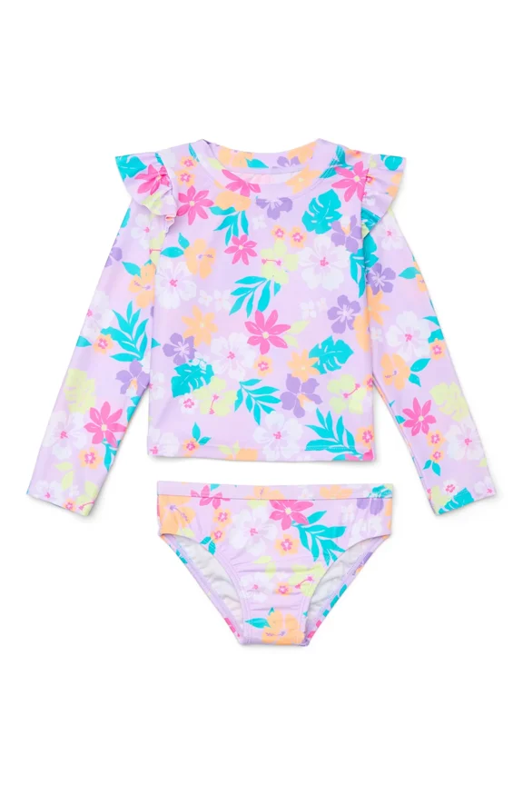 Baby and Toddler Girls Long Sleeve Ruffle Rashguard and Swim Bottom Set, 2-Piece, Size 12M-5T