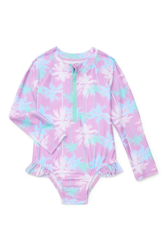 Baby and Toddler Girls Long Sleeve Swim Rashguard One-Piece, Size 12M-5T