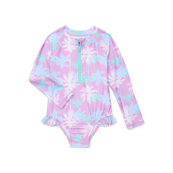 Wonder Nation Baby and Toddler Girls Long Sleeve Swim Rashguard One-Piece, Size 12M-5T