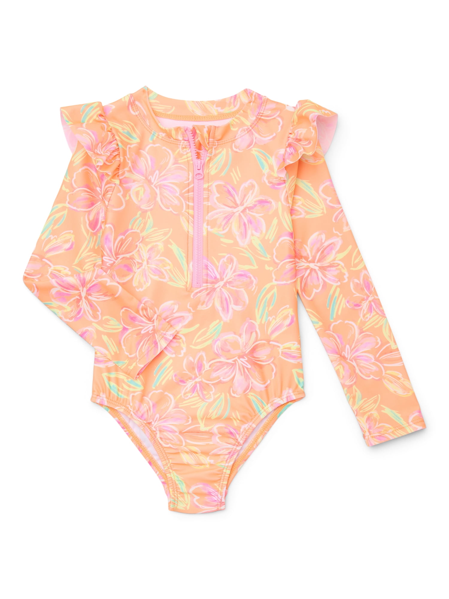 Wonder Nation Baby and Toddler Girls Long Sleeve Swim Rashguard One-Piece, Size 12M-5T