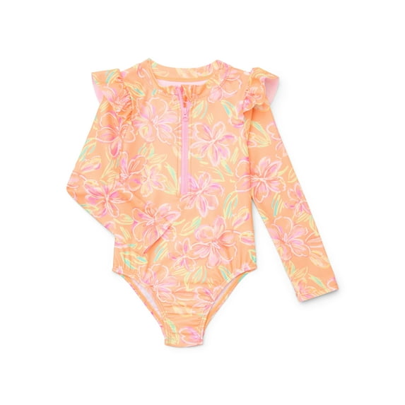 Wonder Nation Baby and Toddler Girls Long Sleeve Swim Rashguard One-Piece, Size 12M-5T