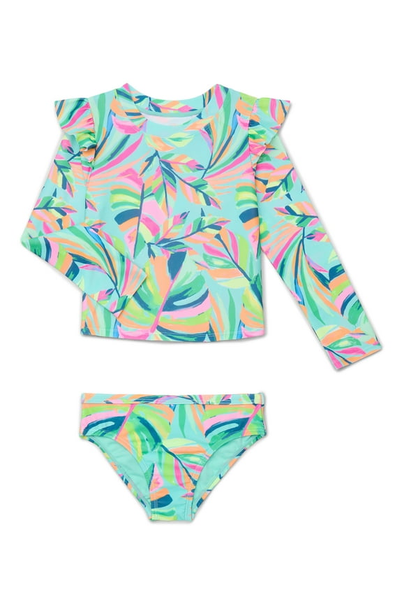 Baby and Toddler Girl Long- Sleeve Rash Guard Swim Set, 2-Piece, Size 12M-5T