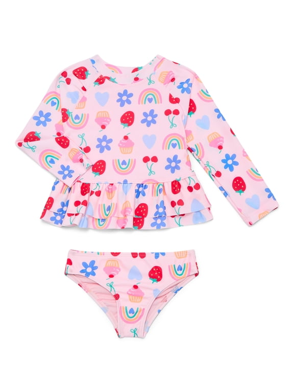 Baby and Toddler Girls Long Sleeve Rashguard Swim Set, 2-Piece, Size 12M-5T