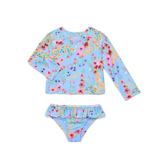 Wonder Nation Baby and Toddler Girl Ruffle Rash Guard Swim Set, 2-Piece, Size 12M-5T