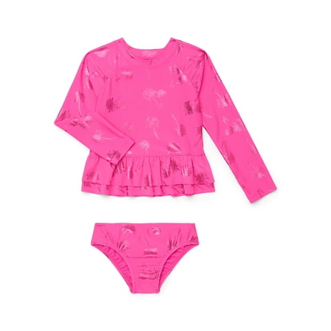 Baby and Toddler Girls Long Sleeve Rashguard and Bottoms Swim Set, 2-Piece, Size 12M-5T