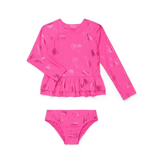 Wonder Nation Baby and Toddler Girls Long Sleeve Rashguard and Bottoms Swim Set, 2-Piece, Size 12M-5T