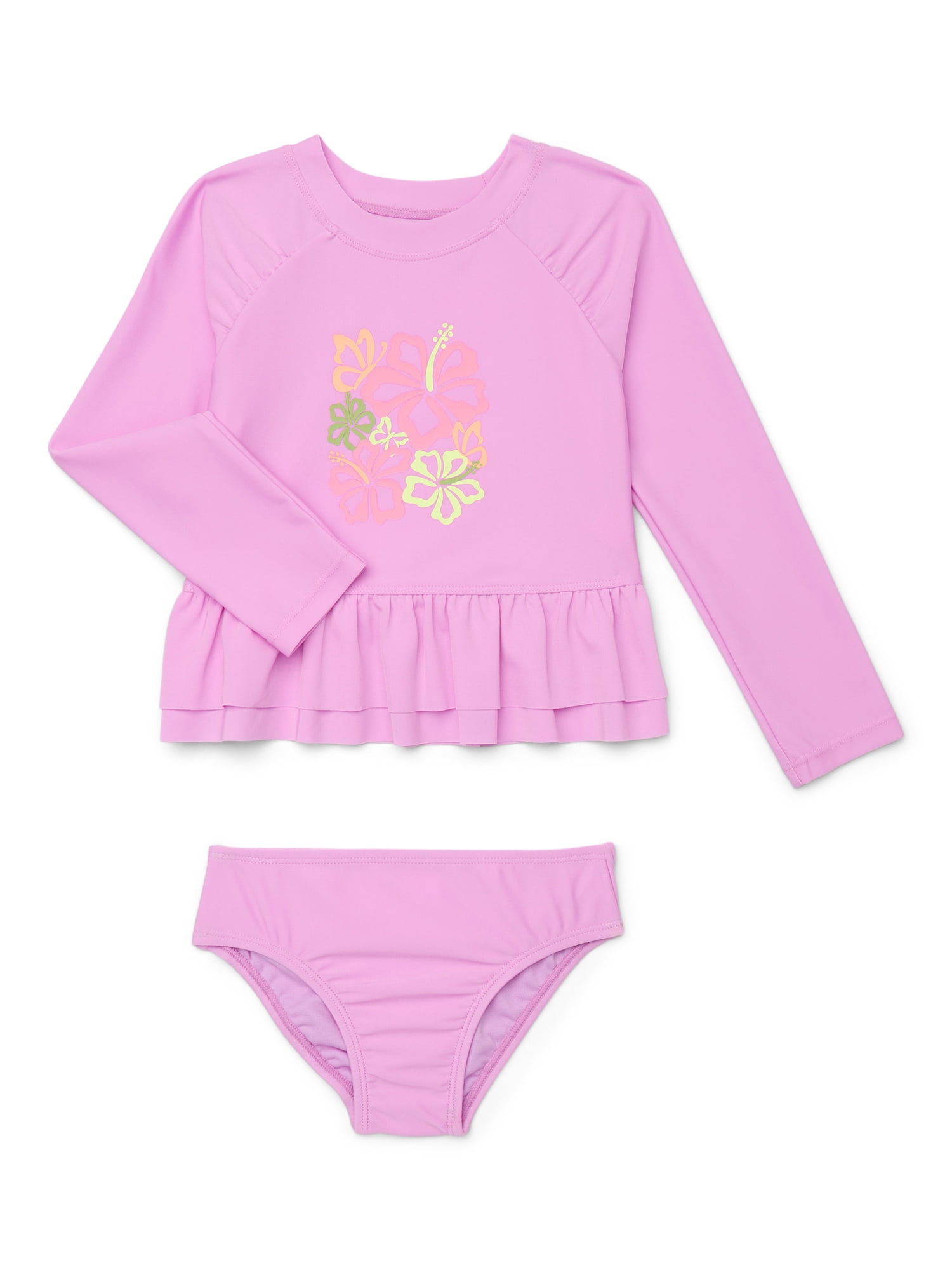 Wonder Nation Baby and Toddler Girls Long Sleeve Rashguard and Bottoms Swim Set, 2-Piece, Size 12M-5T