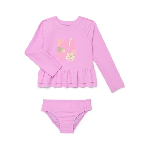 Baby and Toddler Girls Long Sleeve Rashguard and Bottoms Swim Set, 2-Piece, Size 12M-5T
