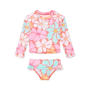 Wonder Nation Baby and Toddler Girls Long Sleeve Swim Rashguard and Swim Bottom Set, 2-Pcs