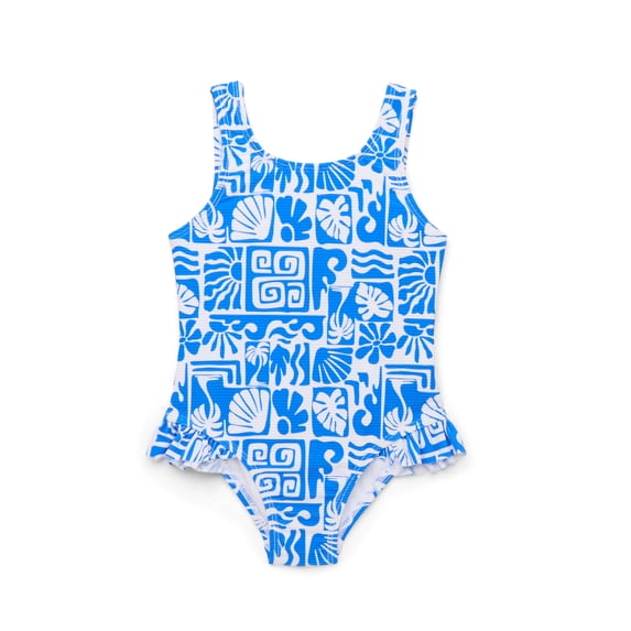 Wonder Nation Baby and Toddler Girls Print Ruffle One Piece Swimsuit with UPF50+, Sizes 12M-5T