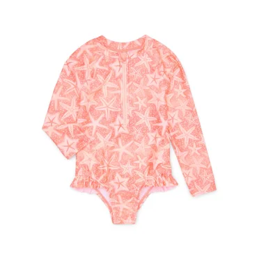 Wonder Nation Baby and Toddler Girls Quarter Zip Ruffle Swimsuit with Long Sleeves, Sizes 12M-5T