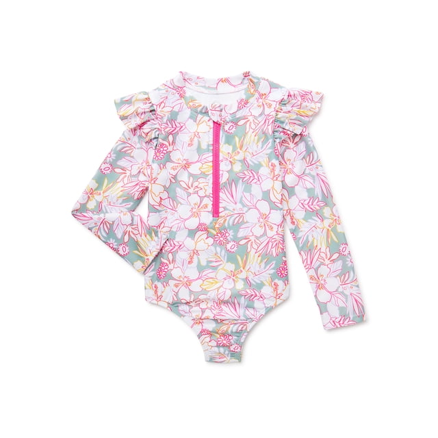 Wonder Nation Baby and Toddler Girls Zip Long Sleeve Rash Guard Swimsuit, 1Piece, Size 12M5T