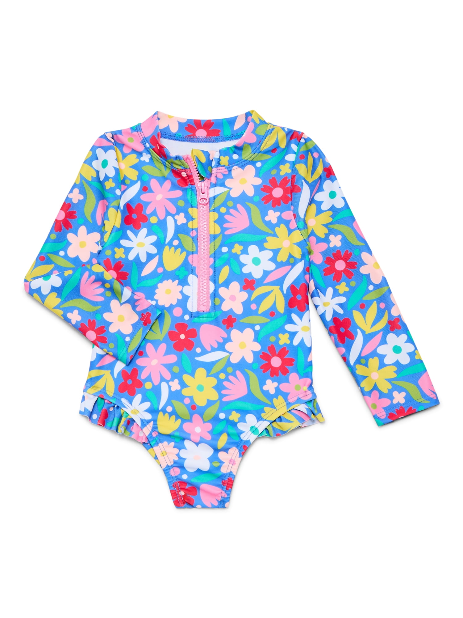 Wonder Nation Toddler Girl Long- Sleeve Zip Rash Guard Swimsuit, Sizes 12M-5T